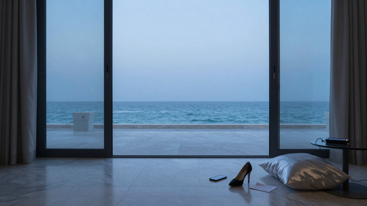 An abandoned high-heeled shoe and burner phone lie on marble floor in an empty Dubai villa at dawn.