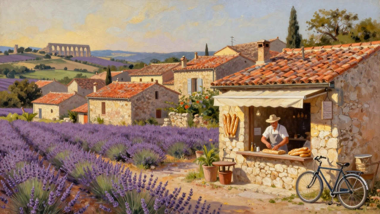 Provençal village at golden hour with lavender fields, a baker placing fresh bread outside a stone bakery.