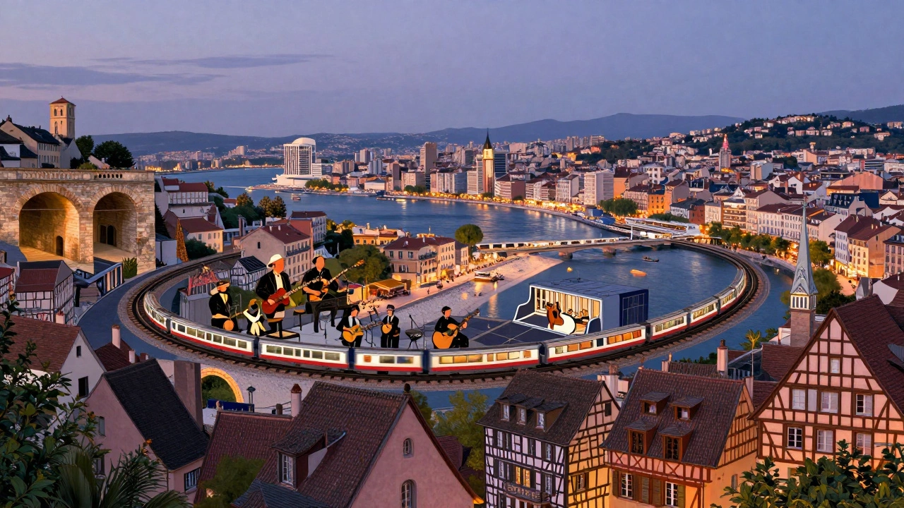 Tapestry of French cities—Lyon, Marseille, Bordeaux—connected by a winding train route under twilight.